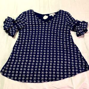 STEM & VINE Peasant Blouse Navy and White Eyelet Short Sleeve Shirt Size M #566